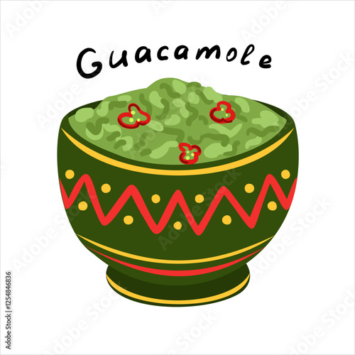 Mexican food guacamole dip in a bowl with hand drawn text. Holy guacamole, National Guacamole Day, Cinco de mayo food. Vector illustration isolated on a white background.