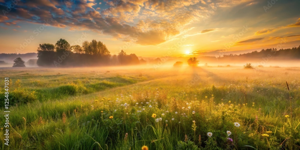 A serene landscape of a misty grassland with a warm sunrise breaking through the foggy atmosphere, casting a golden glow on the lush green grass and wildflowers , dawn light, natural beauty A serene landscape of a misty grassland with a warm sunrise breaking through the foggy atmosphere, casting a golden glow on the lush green grass and wildflowers , dawn light, natural beauty