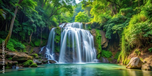 Waterfall cascading gracefully in the midst of a lush forest, serene, nature,  serene, nature, landscape, greenery, serene