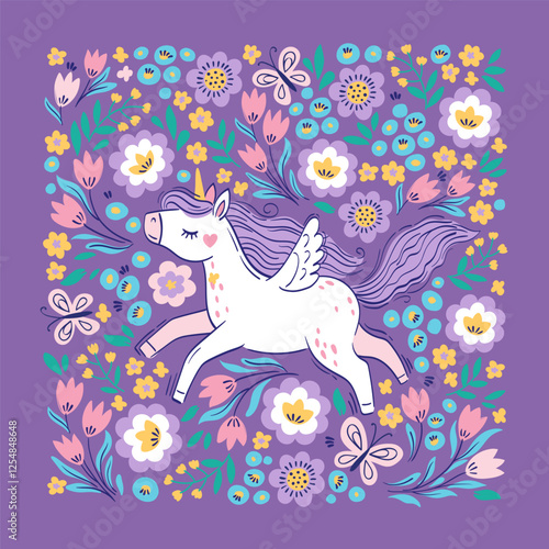 Hand drawn vector square frame. Cute unicorn among fantasy flowers. Bright illustration in pastel colors for design children's room, clothing, nursery, poster