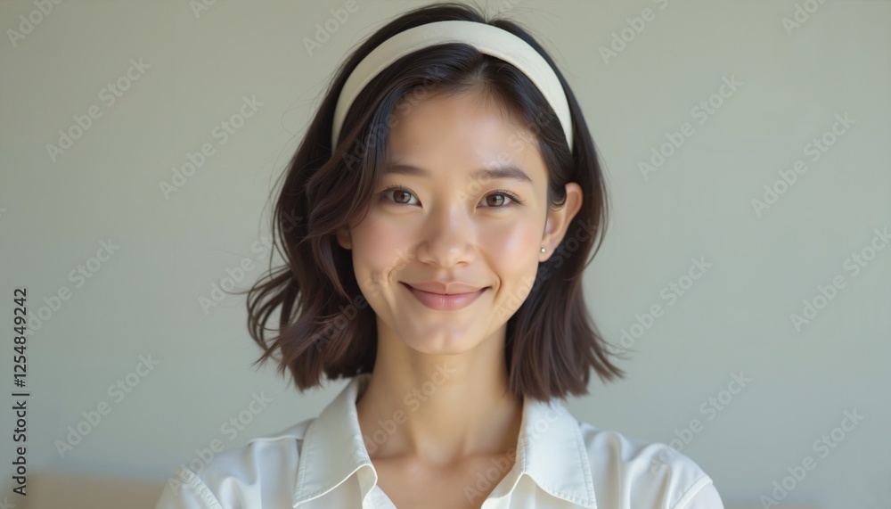 Smiling young woman with headband in casual white shirt, portrait against soft background Smiling young woman with headband in casual white shirt, portrait against soft background