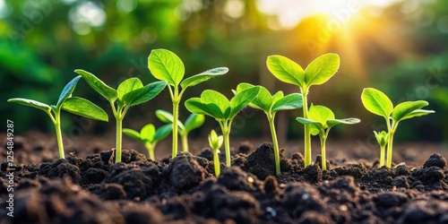 Sprouting soybeans in black soil, lush green shoots emerging from the earth, vegetation, greenery,  vegetation photo