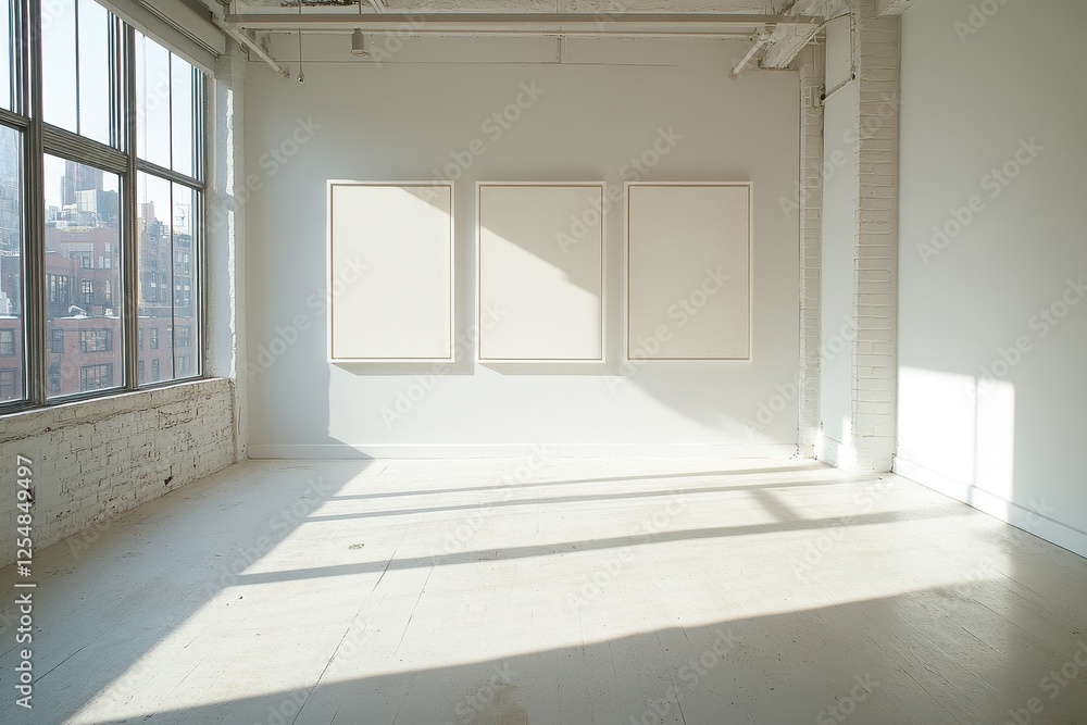 Fototapeta premium Empty white room with three blank canvases and large window. Ideal for art, design, or minimalist concepts.