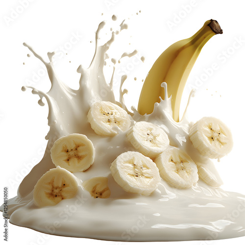 Milk Splash with Banana Slices, Isolated on White Background