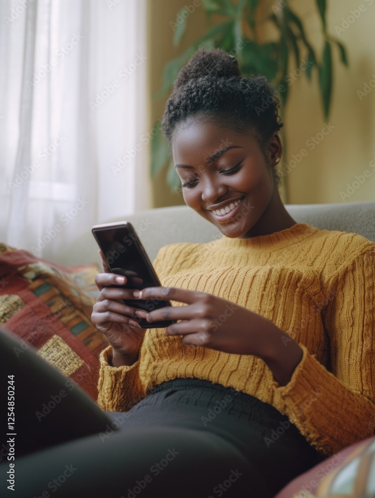 A joyful individual, possibly a young woman or teenage girl, seated on a couch with one leg crossed over the other, absorbed in using a smartphone. She is smiling and looking towards the camera, A joyful individual, possibly a young woman or teenage girl, seated on a couch with one leg crossed over the other, absorbed in using a smartphone. She is smiling and looking towards the camera,