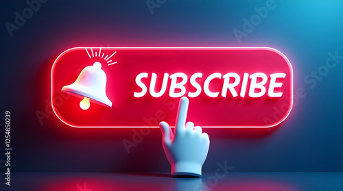 YouTube Subscription Notification Bell Icon with Bright Neon Glow and Click Gesture for Audience Engagement and Channel Growth