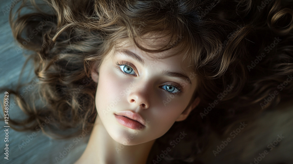 Fototapeta premium Portrait of a young woman with curly hair and striking blue eyes in soft lighting