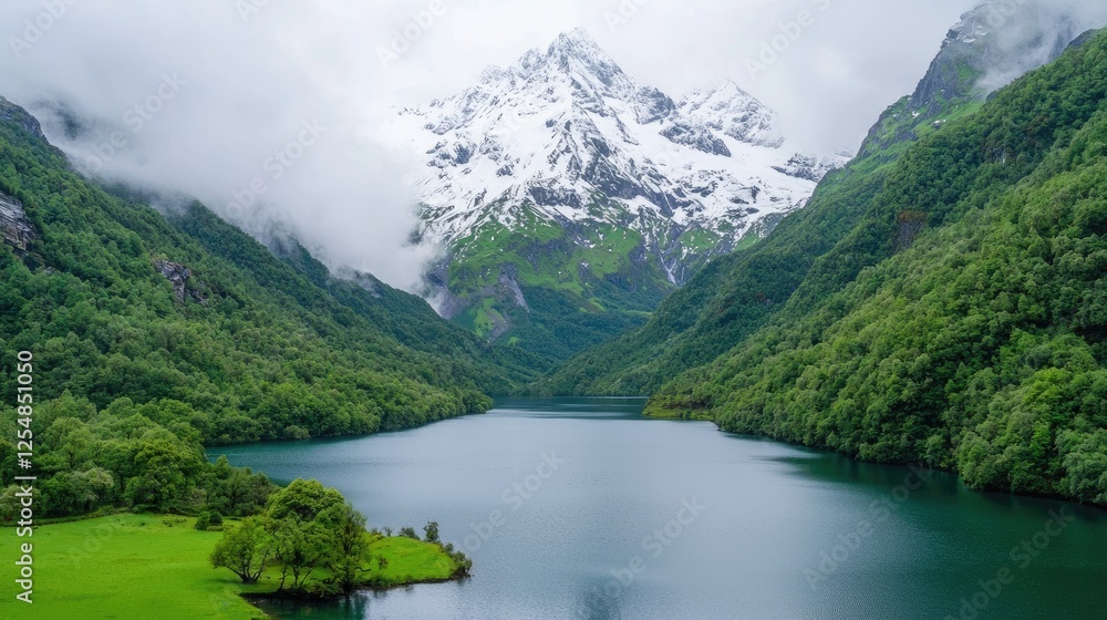 Mountain Lake Valley, Misty Peak, Lush Green Trees, Scenic Landscape, Aerial View Mountain Lake Valley, Misty Peak, Lush Green Trees, Scenic Landscape, Aerial View