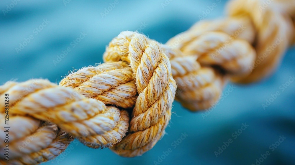 Intricate Knot of Yellow Rope Against a Teal Background Intricate Knot of Yellow Rope Against a Teal Background