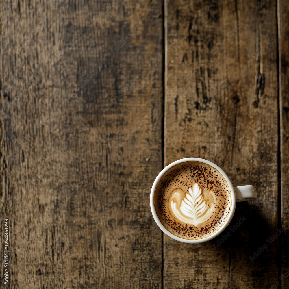 Latte art in white mug on rustic wooden table with copy space. Latte art in white mug on rustic wooden table with copy space.