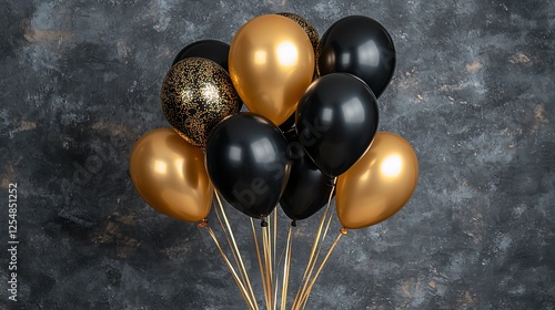 Golden and black balloons against textured wall photo