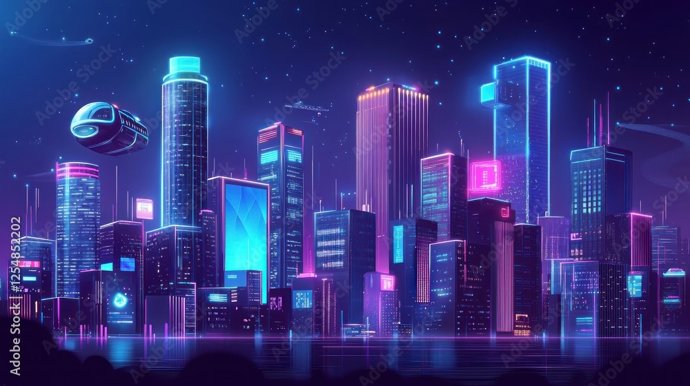 Neon Cityscape at Night: Futuristic Metropolis with Flying Vehicle Neon Cityscape at Night: Futuristic Metropolis with Flying Vehicle