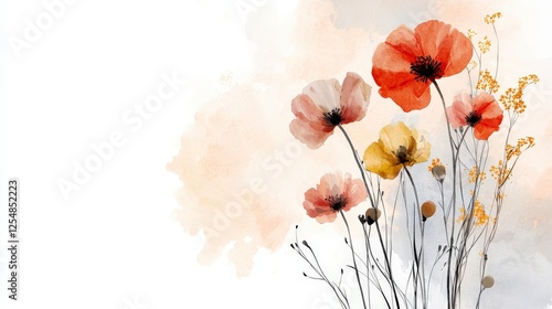 Beautiful watercolor flowers with soft pastel background in shades of orange, yellow, and pink for artistic use