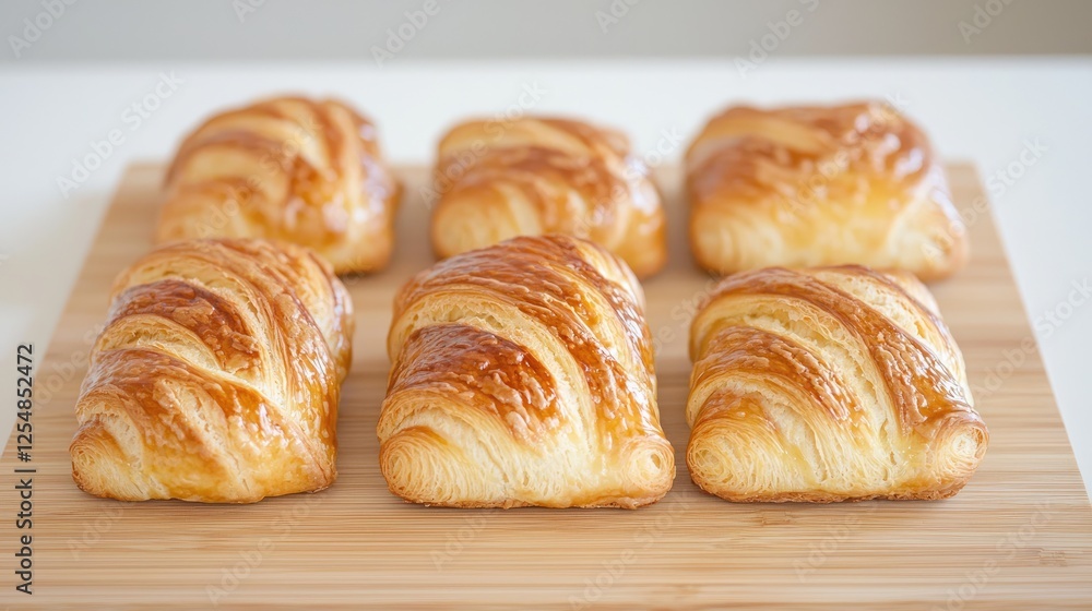 Golden pastries on wooden board, kitchen setting Golden pastries on wooden board, kitchen setting