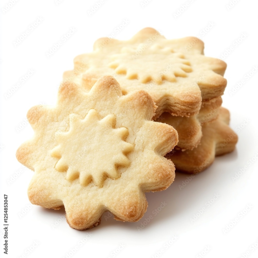 Flower-shaped cookies stacked, white background, baking, food photography Flower-shaped cookies stacked, white background, baking, food photography