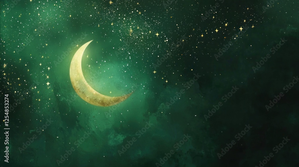 Fototapeta premium Crescent Moon in Emerald Night Sky