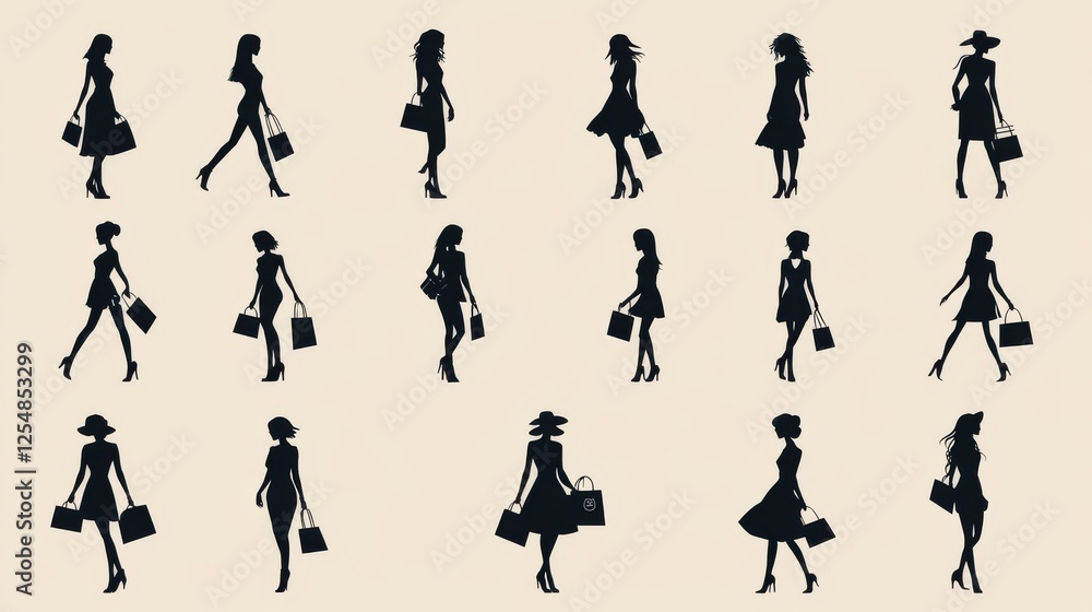 Fototapeta premium contemporary shopping symbol collection, fashion figure series, different shopping bag positions, dynamic hair movement, simple dress silhouettes, black icon set, professional logo elements