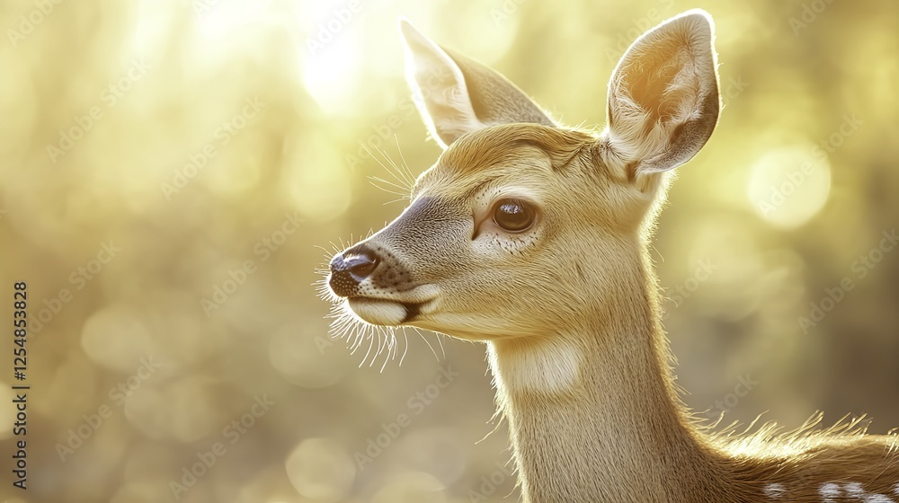 Obraz premium Majestic red deer in golden morning light, serene forest backdrop. A moment of natural grace and tranquility.