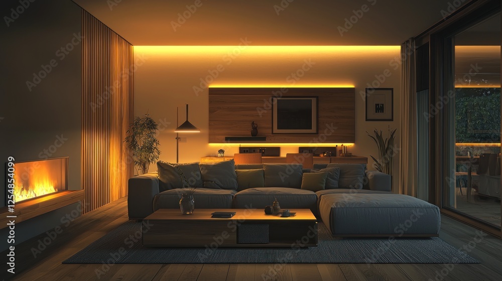 Cozy Evening in a Modern Living Room with Warm Lighting Cozy Evening in a Modern Living Room with Warm Lighting