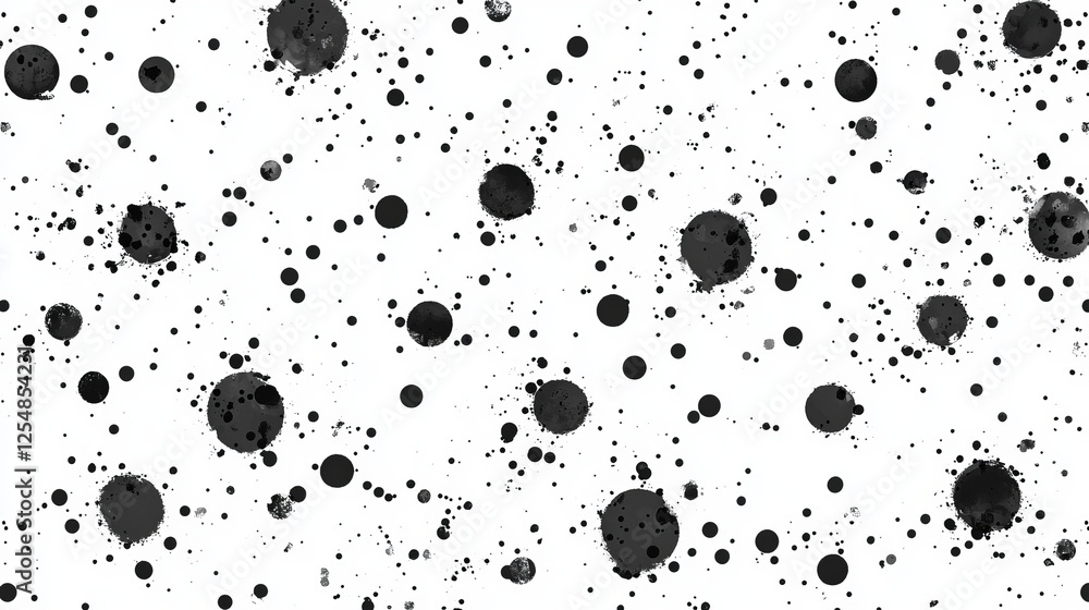 Abstract Black Ink Splatter on White Backdrop with Varied Circle Sizes and Random Placement Abstract Black Ink Splatter on White Backdrop with Varied Circle Sizes and Random Placement