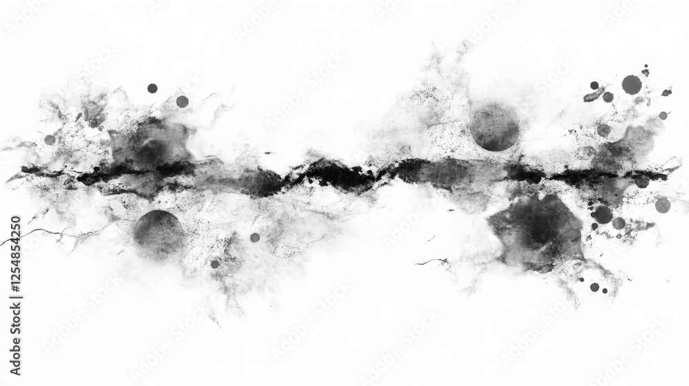 Abstract Black Ink Cloud Formation With Circular Shapes on a White Background Design Art Piece