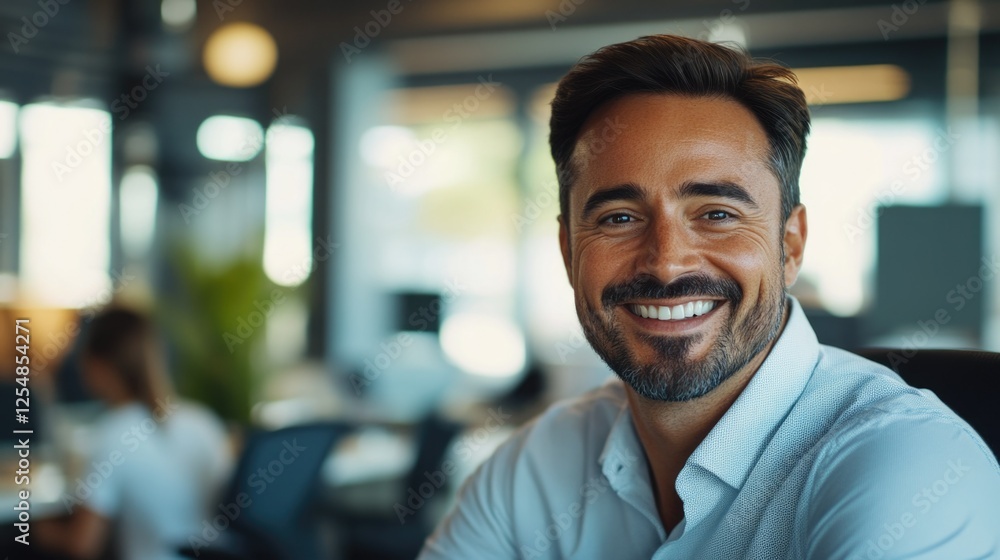 Image features a man with a beard, smiling at the camera in what appears to be an office setting. Image features a man with a beard, smiling at the camera in what appears to be an office setting.
