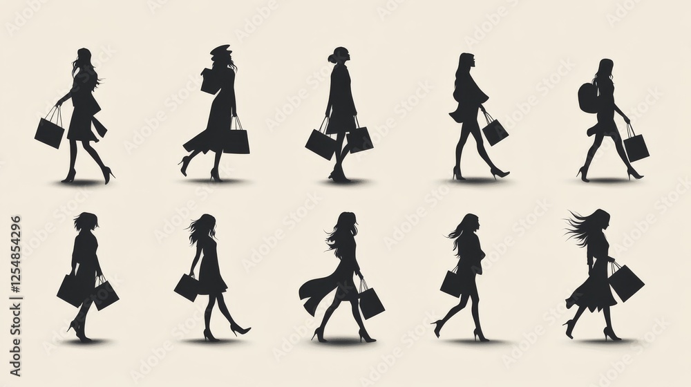 Fototapeta premium elegant shopping icons pack, feminine silhouette collection, fashionable poses with bags, dynamic movement series, boutique logo elements, black silhouette set, minimalist design style