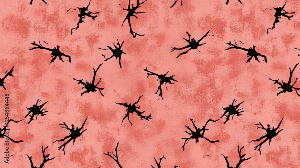 Abstract Black Splatter Pattern on Reddish Textured Background Surface with Ink Design