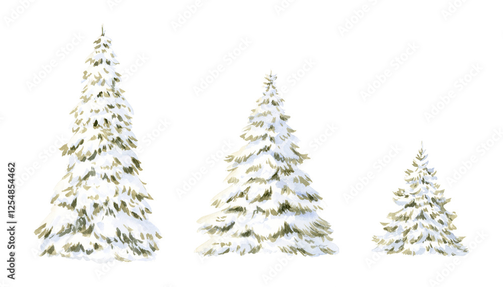 Fototapeta premium Christmas trees with snow on branches watercolor illustration set isolated on white background for Happy New Year greeting cards and cute winter designs. Tall and low Snow-covered spruce