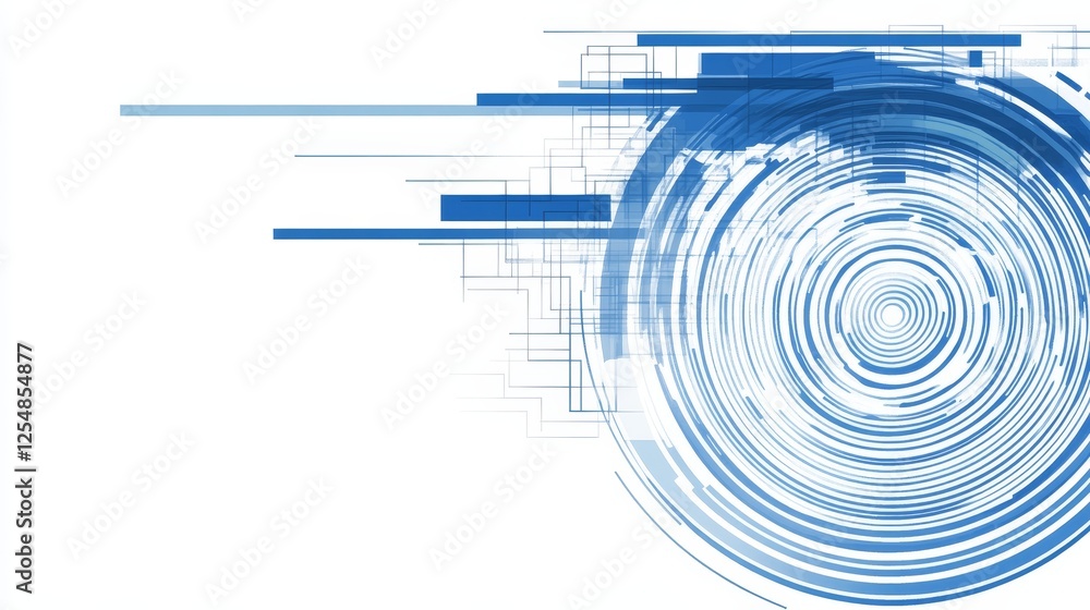 Abstract Blue Concentric Circles and Horizontal Rectangles on White Background Illustration