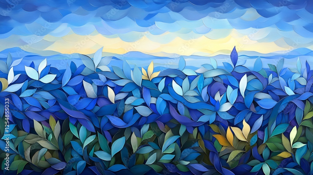 Abstract Blue Leaves Scene With Sky And Distant Mountains At Dusk Artistic Impression