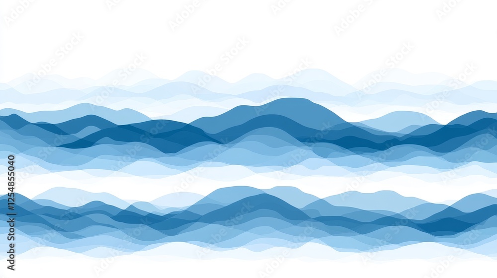 Abstract Blue Gradient Wavy Mountain Layers Pattern on White Background Artistic Illustration