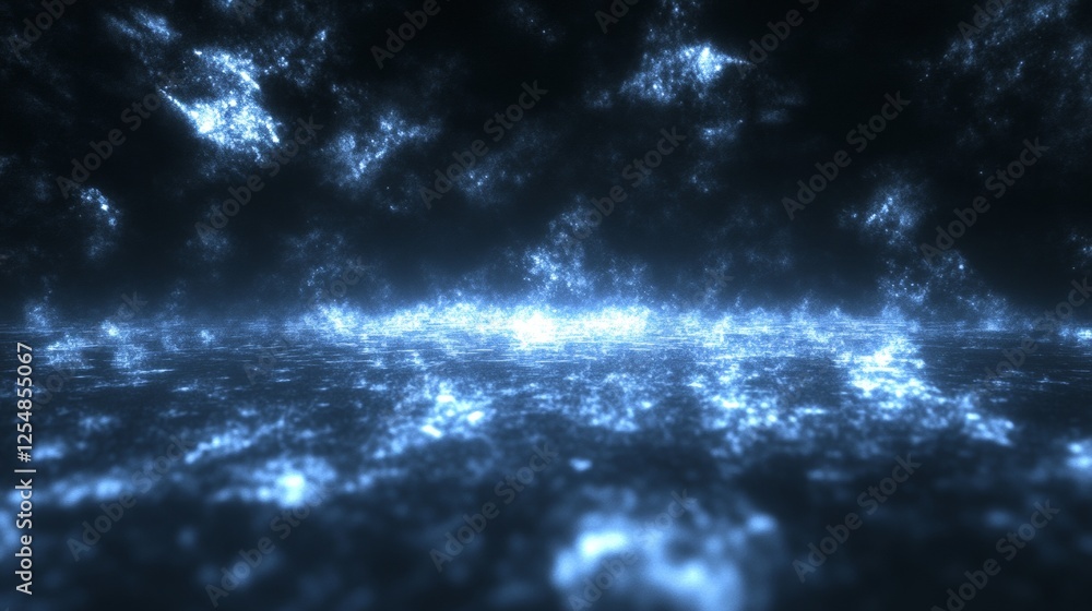 Abstract Blue Light Field With Dark Background Illuminated By Glowing Haze And Wispy Fog
