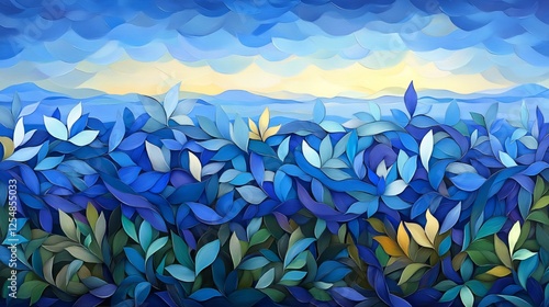 Obraz na płótnie Abstract Blue Leaves Scene With Sky And Distant Mountains At Dusk Artistic Impression w salonie