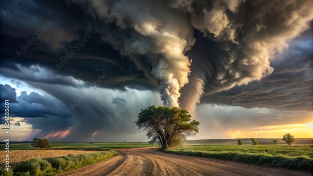 A massive tornado swirling with dark funnel cloud in a rural landscape