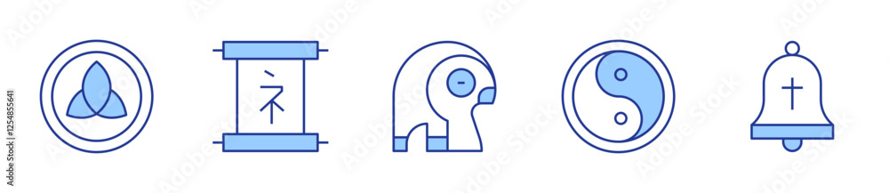 bell, parchment, ra, triqueta, yin yang. Spirituality Icon vector illustration. Line Duotone style. Editable stroke bell, parchment, ra, triqueta, yin yang. Spirituality Icon vector illustration. Line Duotone style. Editable stroke