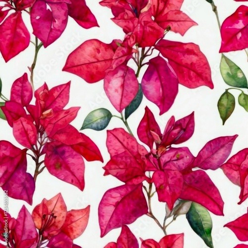 Hot Pink Watercolor Bougainvillea Pattern Flower Floral Pattern on White Background