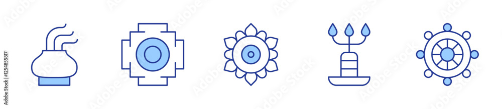 candle, dharma wheel, incense, mandala. Spirituality Icon vector illustration. Line Duotone style. Editable stroke candle, dharma wheel, incense, mandala. Spirituality Icon vector illustration. Line Duotone style. Editable stroke