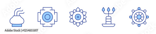 candle, dharma wheel, incense, mandala. Spirituality Icon vector illustration. Line Duotone style. Editable stroke
