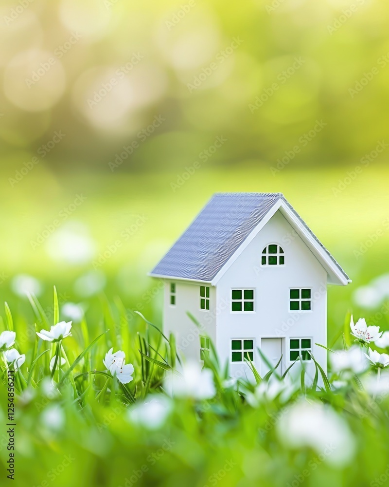 A small model house sits on vibrant green grass surrounded by delicate white flowers, symbolizing tranquility and nature. A small model house sits on vibrant green grass surrounded by delicate white flowers, symbolizing tranquility and nature.