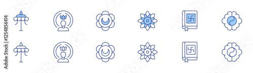 Spirituality icon set in two styles, Duotone and Thin Line style. Editable stroke. mandala, parasol, spirit, svadhishthana, vedas, yin yang