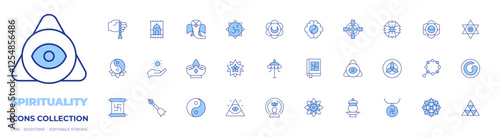 Spirituality icons collection. Line Duotone style, editable stroke. candle, caodaism, mandala, parasol, scroll, spirit, spiritual, tibetan, vedas, yin yang, yin yang symbol