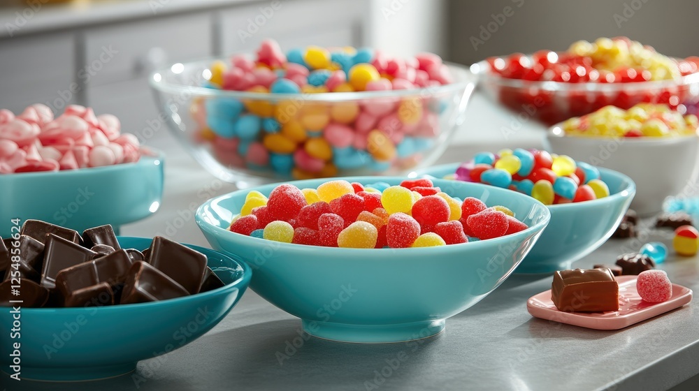 A delightful candy spread featuring bowls filled with assorted colorful sweets, including chocolates and sugar-coated gummies. A delightful candy spread featuring bowls filled with assorted colorful sweets, including chocolates and sugar-coated gummies.