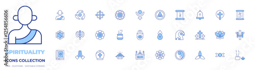 Spirituality icons collection. Line Duotone style, editable stroke. cross, fruits, hamsa, holy trinity, holy water, incense, mandala, pope, pray, quran, ra, sikhism, worship, yin yang