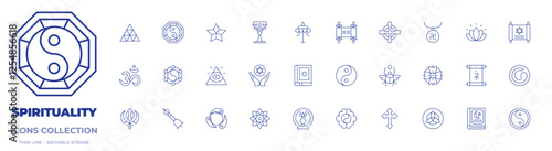 Spirituality icons collection. Thin Line icons, editable stroke. caodaism, druze, holy grail, jewish, om, parasol, pythagoreanism, quran, torah, yin yang, yin yang symbol