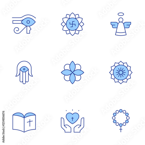 Spirituality icons set. Line Duotone style, editable stroke. angel, bible, eye of ra, faith, hamsa, mandala, rosary, spiritual