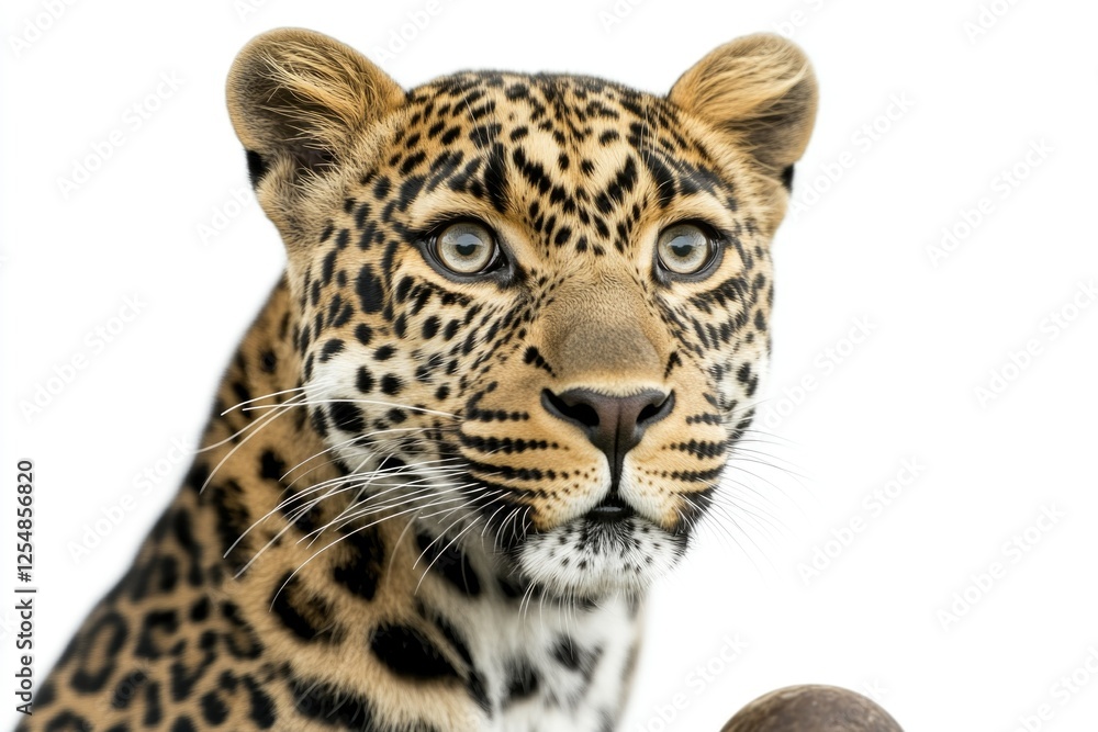 Fototapeta premium This image showcases a close-up photograph of a majestic leopard with striking eyes and detailed fur texture. The leopard is positioned against a plain background, which accentuates its vibrant