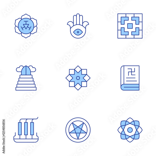 Spirituality icons set. Line Duotone style, editable stroke. hamsa, heaven, incense, mandala, manipura, occult arts, scripture