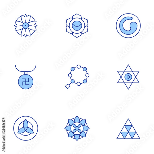 Spirituality icons set. Line Duotone style, editable stroke. holy trinity, locket, mandala, pythagoreanism, star, svadhisthana, tibetan, zen