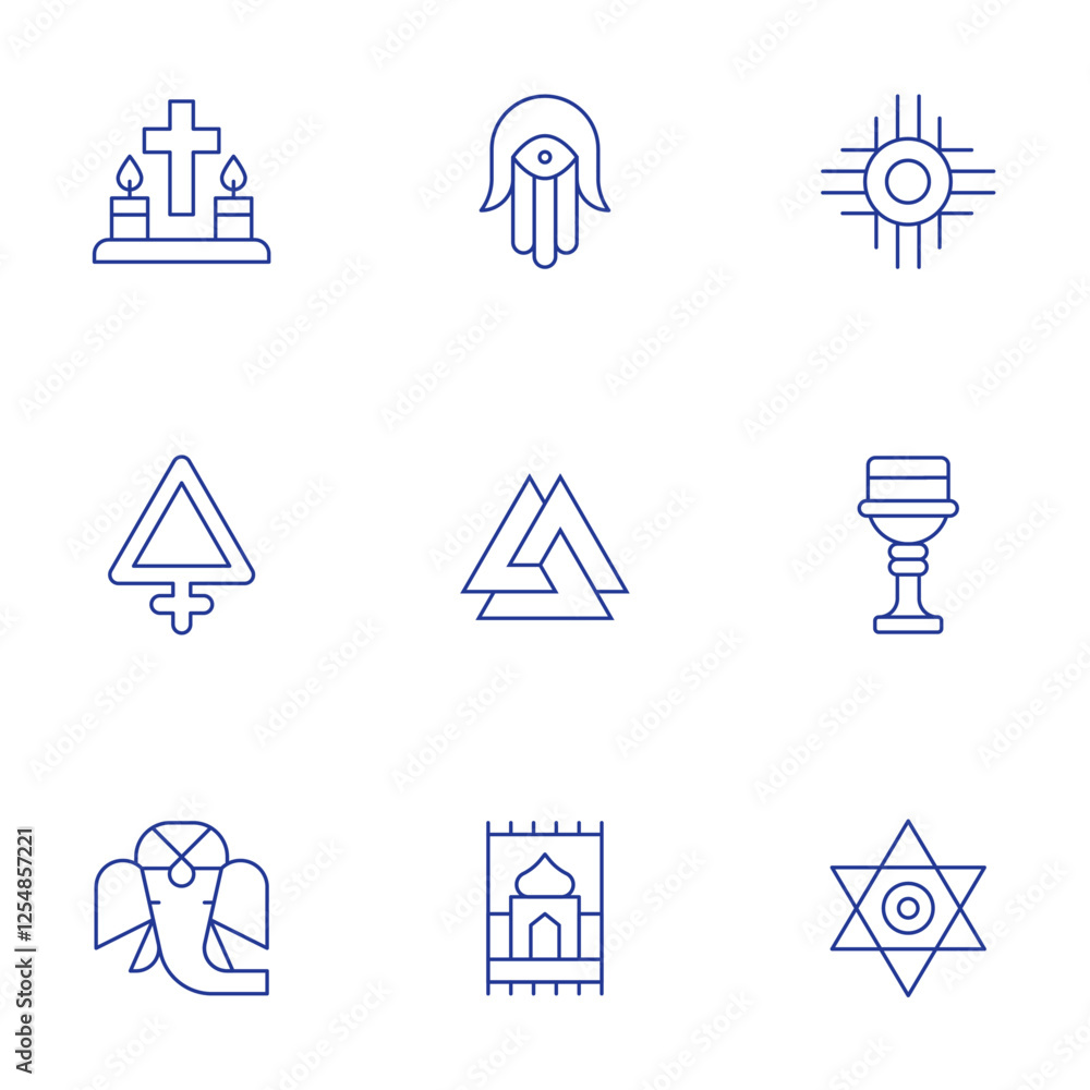 Spirituality icons set. Thin Line style, editable stroke. faith, ganesha, goblet, hamsa, mat, native, star, sulfur, valknut Spirituality icons set. Thin Line style, editable stroke. faith, ganesha, goblet, hamsa, mat, native, star, sulfur, valknut